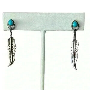 Sterling silver & turquoise feather Native American Southwestern stud dangles